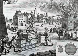 Die Feuerwehr von Nürnberg mit einer Feuerspritze auf einem Kupferstich von 1661