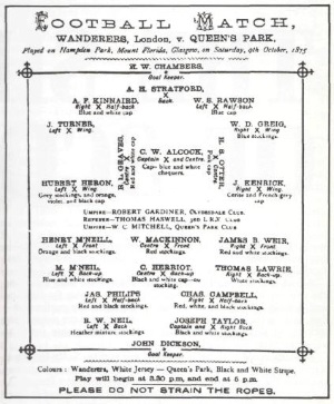 Programmheft für ein Fußballspiel des Vereins, das am 9. Oktober 1875 im Hampden Park, Glasgow, zwischen der Heimmannschaft Queen's Park und den Wanderers aus London ausgetragen wurde