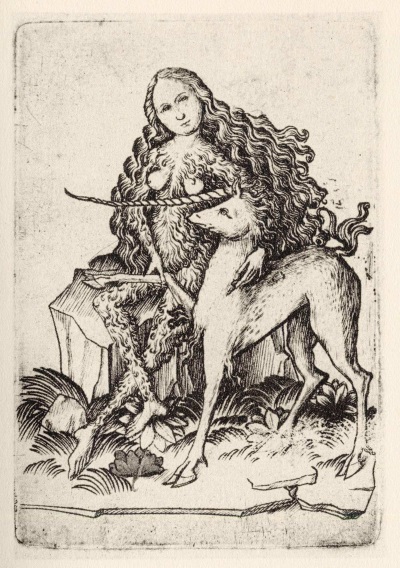Wildweibchen aus dem Kleinen Kartenspiel des Meisters E. S. (Kupferstich, 1460–67)