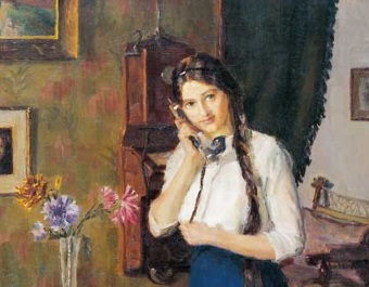 Gemälde von Max Schüler: Junge Frau am Telefon, 1912