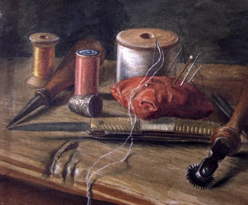 Altes Werkzeug auf Gemlde: Stillleben mit Nhutensilien, Wilhelm Wittmann, 1889