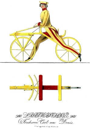 Das erste Fahrrad, eine  Laufmaschine oder Draisine, von Drais 1818 veröffentlichte Zeichnung
