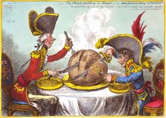 Politische Karikatur von James Gillray: Pitt und Napoleon teilen sich die Welt (1805)