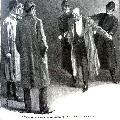 Sherlock Holmes, Dritter von links, ein bekannter Krimiheld, überwacht die Verhaftung eines Verbrechers. Die Figur von Holmes machte das Krimi-Genre populär.