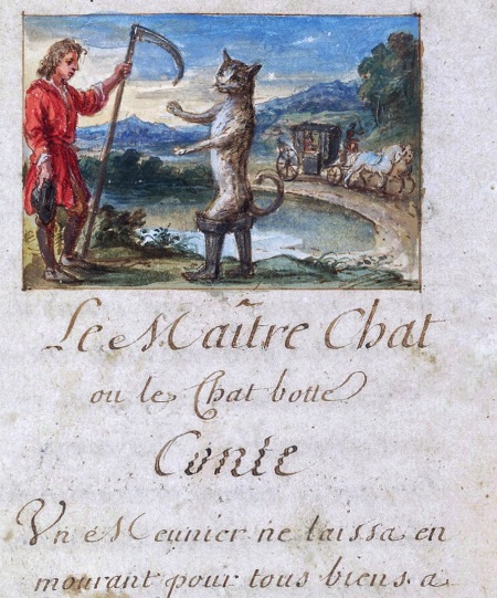 Der gestiefelte Kater, „Meister Kater“, Manuskriptseite, Frankreich, Ende des 17. Jahrhunderts
