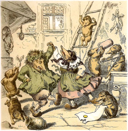 Der Igel Mecki feiert seinen Sieg über den Hasen, Illustration von Gustav Süs aus dem Jahr 1855