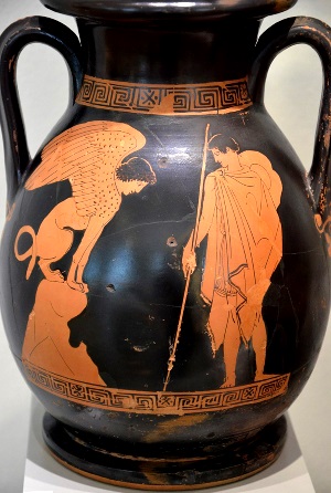 Attischer Keramik, Ödipus löst das Rätsel der Sphinx und befreit Theben, 450–440 v. Chr., Altes Museum Berlin
