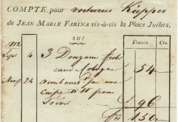 Rechnung von Johann Maria Farina gegenüber dem Jülichs-Platz während der Franzosenzeit vom 10. Juni 1815