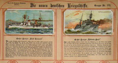 Sammelbilder-Serie: Die neuen deutschen Kriegsschiffe von Willy Stöwer in einem Stollwerck-Album