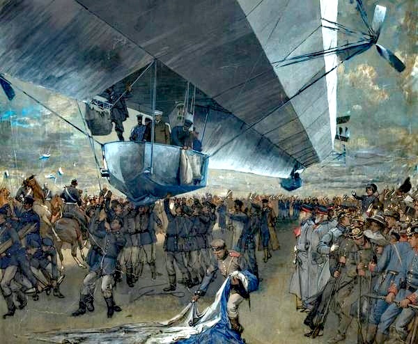 Zeppelins Landung in München, Gemälde der ersten Zielfahrt Zeppelins am 2. April 1909 von Michael Zeno Diemer (1910)