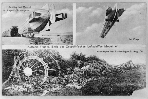 LZ 4 beim Start, im Flug und nach dem Absturz in Echterdingen, 1908
